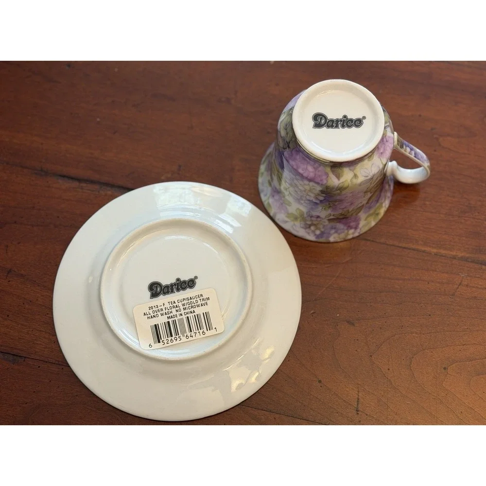 Darice Porcelain Purple Violets Chintz Teacup and Saucer Set Gold Trim 2013-F